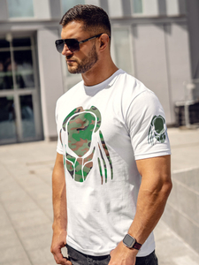 Бяла памучна мъжка тениска с щампа Bolf 192379A
