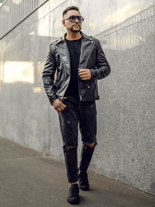 Черно кожено мъжко рокерско яке Bolf 11Z8014