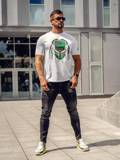 Бяла памучна мъжка тениска с щампа Bolf 192379A