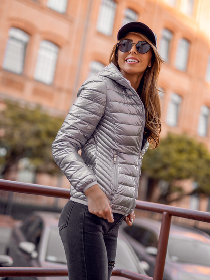 Сребрен капитонирано дамско преходно яке с качулка Bolf B9561