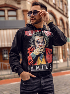 Черен мъжки суитшърт с принт и с качулка Bolf 6384A