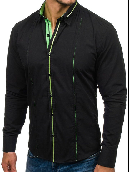 Мъжка елегантна риза с дълъг ръкав черно-зелена Bolf 2964