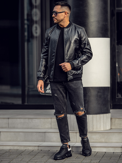 Черно кожено мъжко яке бомбър Bolf 6803B