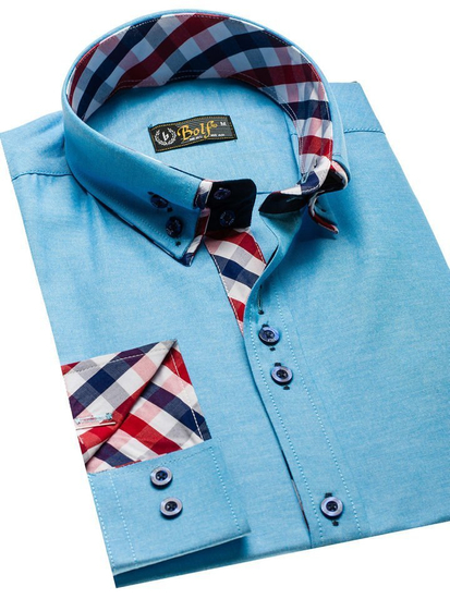 Мъжка елегантна риза с дълъг ръкав цвят тюркоаз Bolf 2759