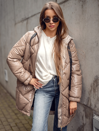 Дълго капитонирано дамско зимно яке с качулка в цвят камел Bolf 5M3189