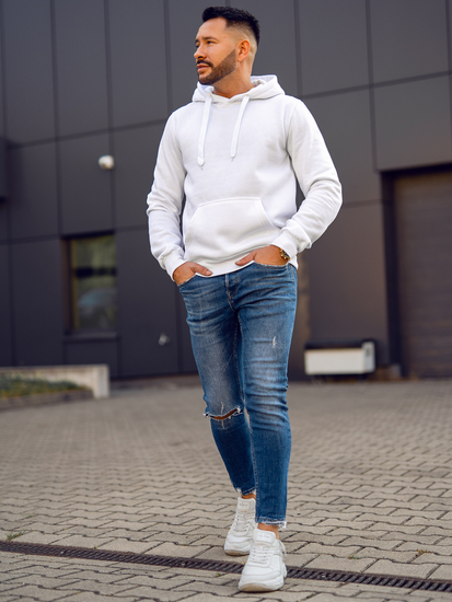 Бял мъжки суитшърт с качулка с джоб тип кенгуру Bolf 2009A