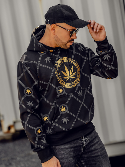 Черен мъжки суитшърт с принт и качулка Bolf HM630