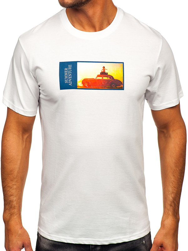 Бяла памучна мъжка тениска с щампа Bolf MPO3559