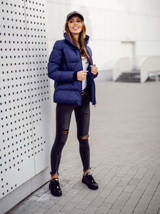 Тъмносиньо капитонирано дамско зимно яке без качулка Bolf 23059