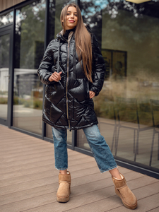 Черно дълго капитонирано дамско зимно яке с качулка Bolf 5M3189