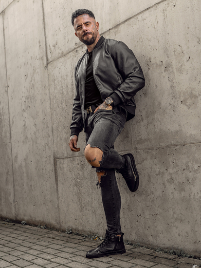 Черно мъжко кожено яке бомбър Bolf 3A65A