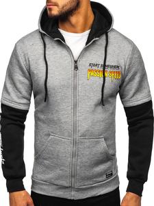 Сиво мъжко худи с качулка тип кенгуру с принт Bolf HY611